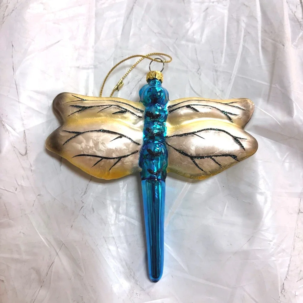 Blue Glass Dragonfly Christmas Ornament Glitter Iridescent Wings Insect Decor